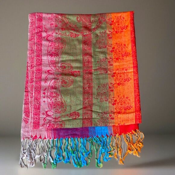 Pashmina Italian Cashmere Silk Paisley Large Scarf Wrap Tassel Fringe NWOT - Picture 4 of 8